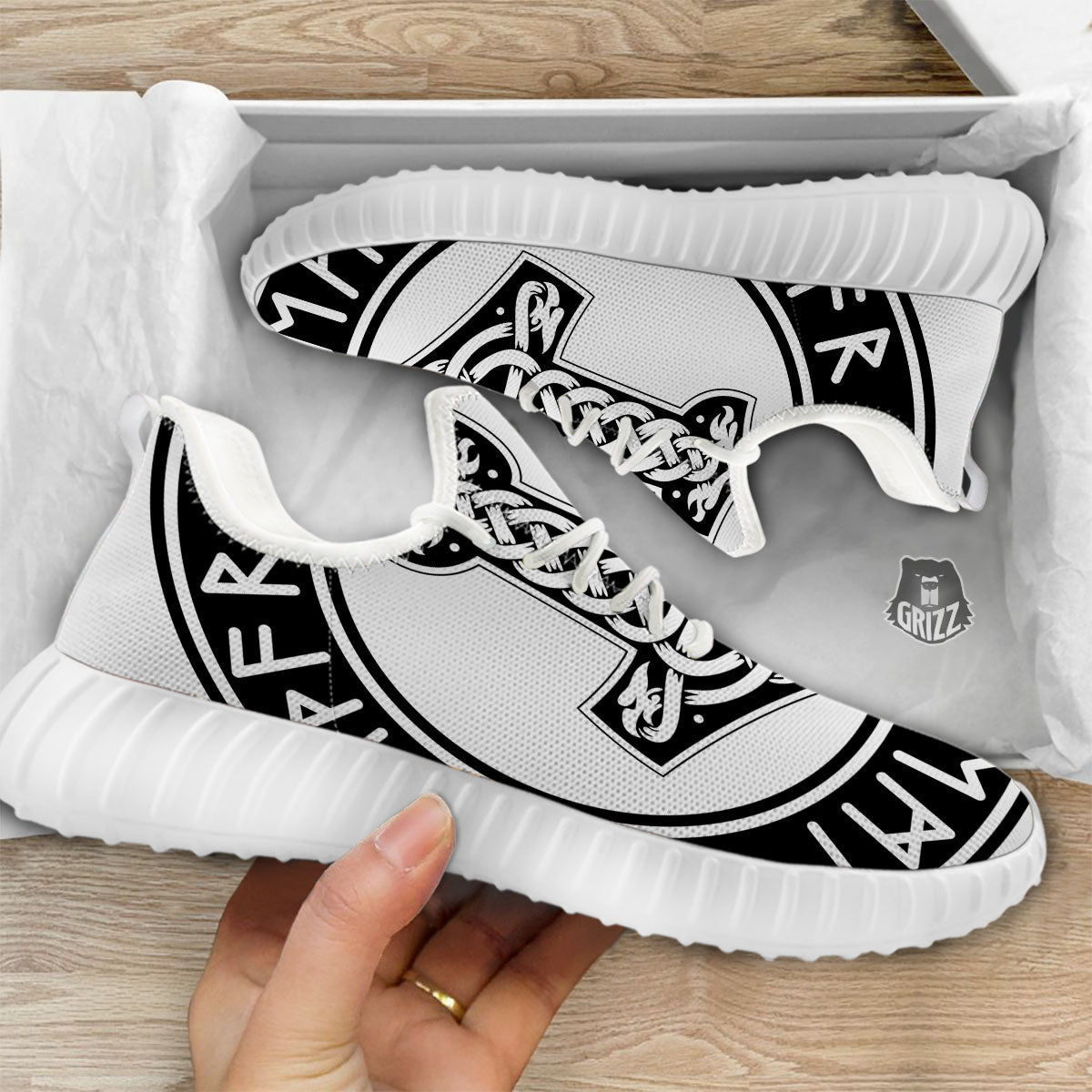 Mythology Mjolnir Norse Print White Walking Shoes-grizzshop