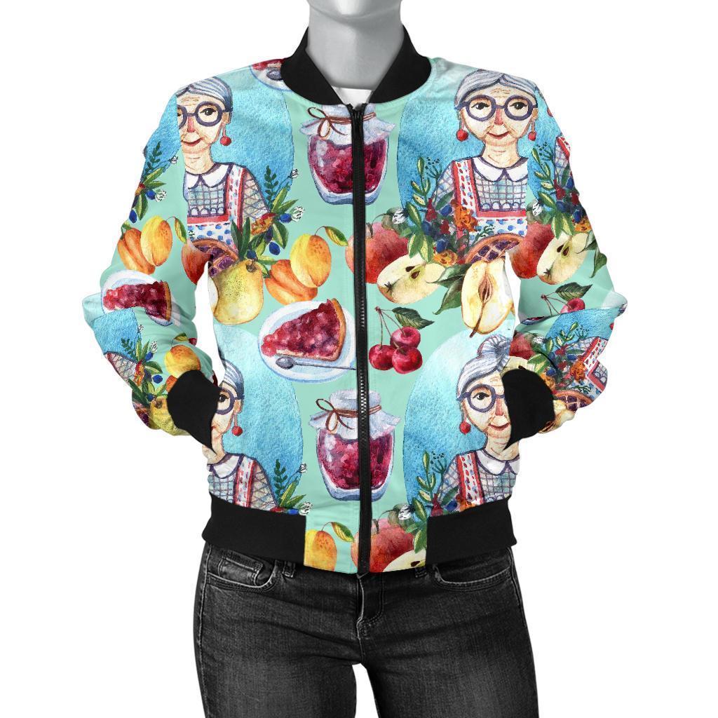 Nana Grandma Print Pattern Women Casual Bomber Jacket-grizzshop