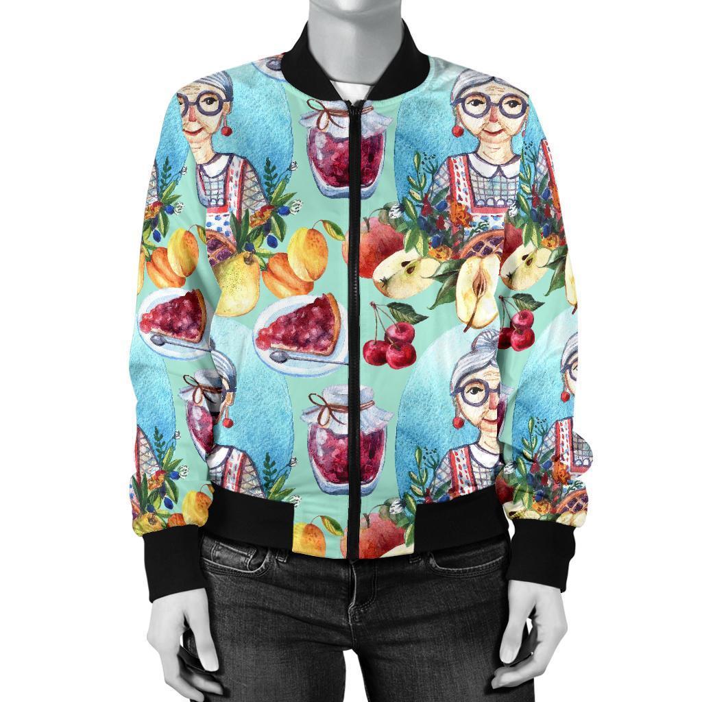 Nana Grandma Print Pattern Women Casual Bomber Jacket-grizzshop