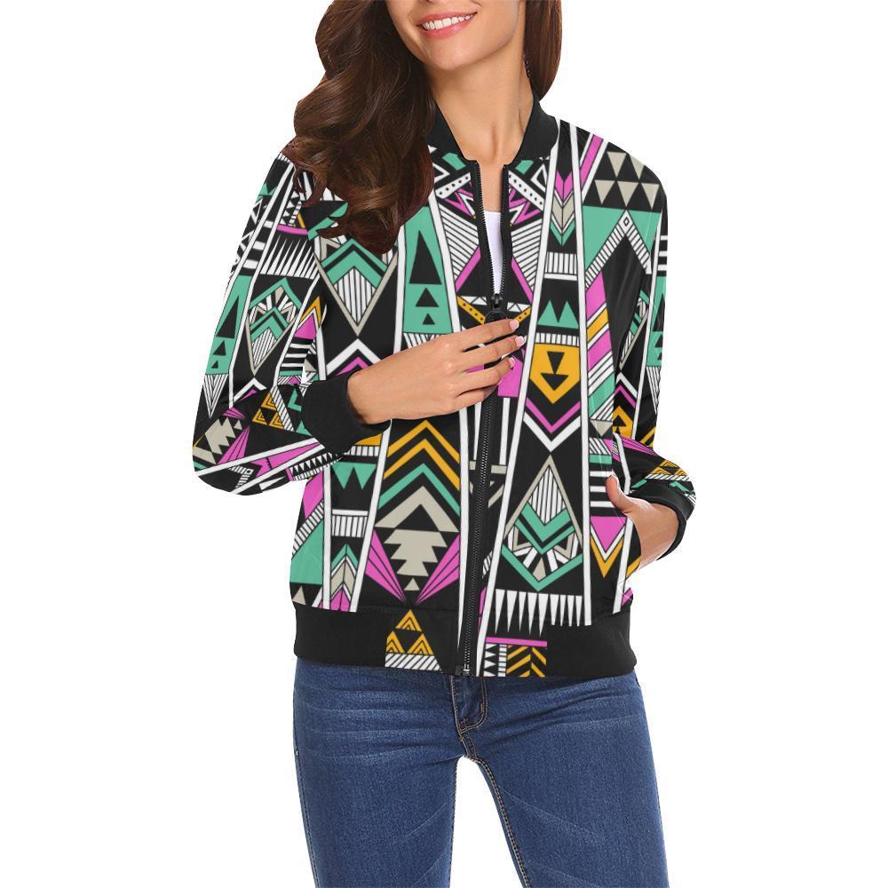 Native American Aztec Tribal Navajo Indians Print Women Casual Bomber Jacket-grizzshop