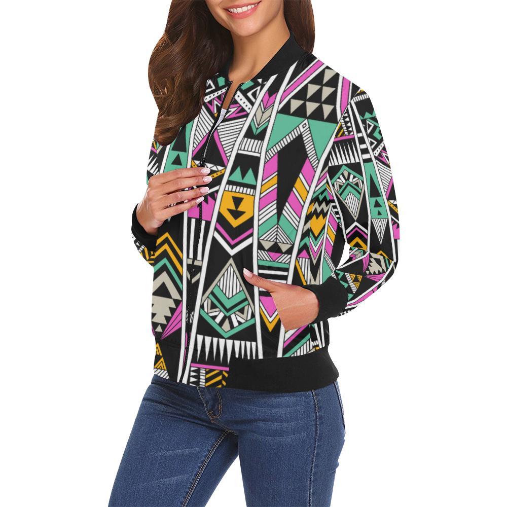 Native American Aztec Tribal Navajo Indians Print Women Casual Bomber Jacket-grizzshop