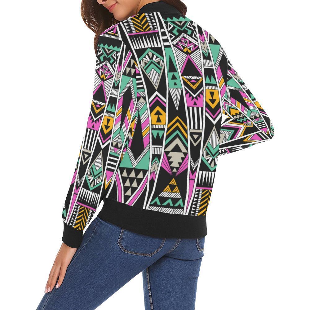 Native American Aztec Tribal Navajo Indians Print Women Casual Bomber Jacket-grizzshop