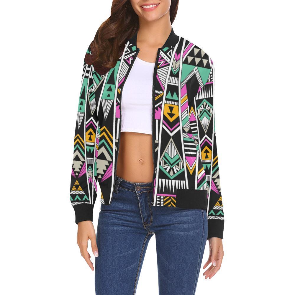 Native American Aztec Tribal Navajo Indians Print Women Casual Bomber Jacket-grizzshop