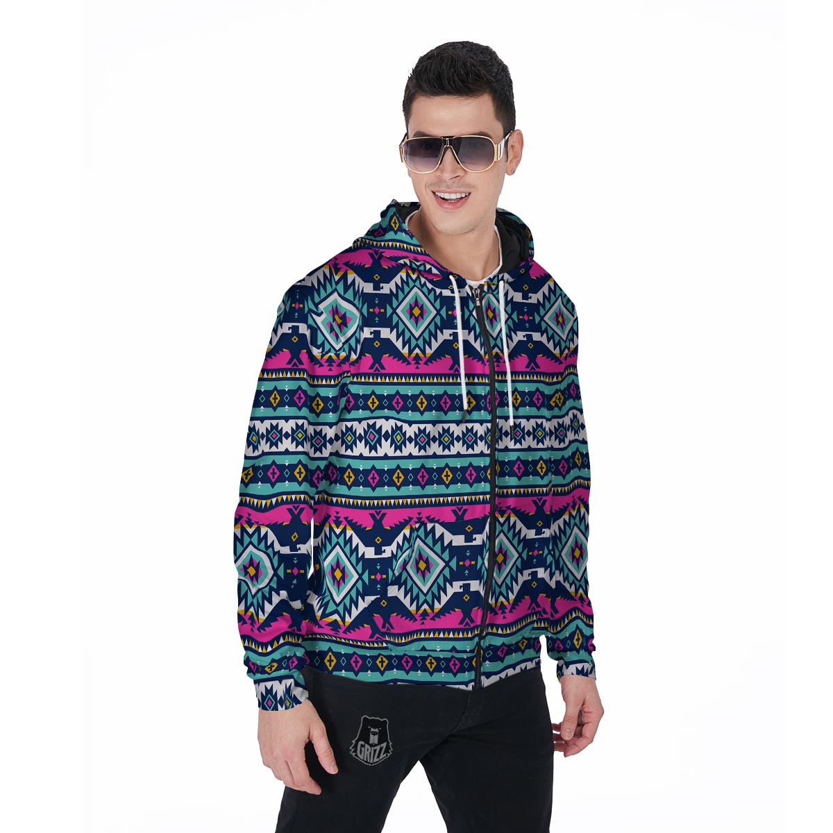 Native American Tribal Navajo Indians Aztec Print Men Zip Up Hoodie-grizzshop