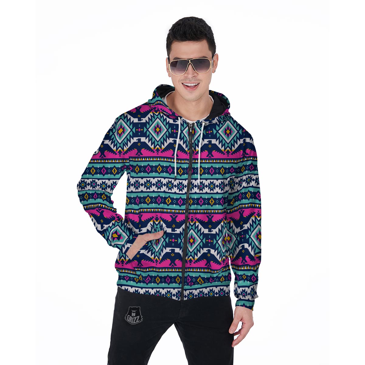 Native American Tribal Navajo Indians Aztec Print Men Zip Up Hoodie-grizzshop
