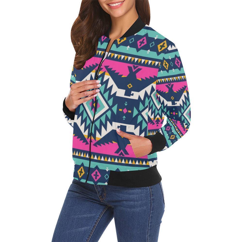 Native American Tribal Navajo Indians Aztec Print Women Casual Bomber Jacket-grizzshop