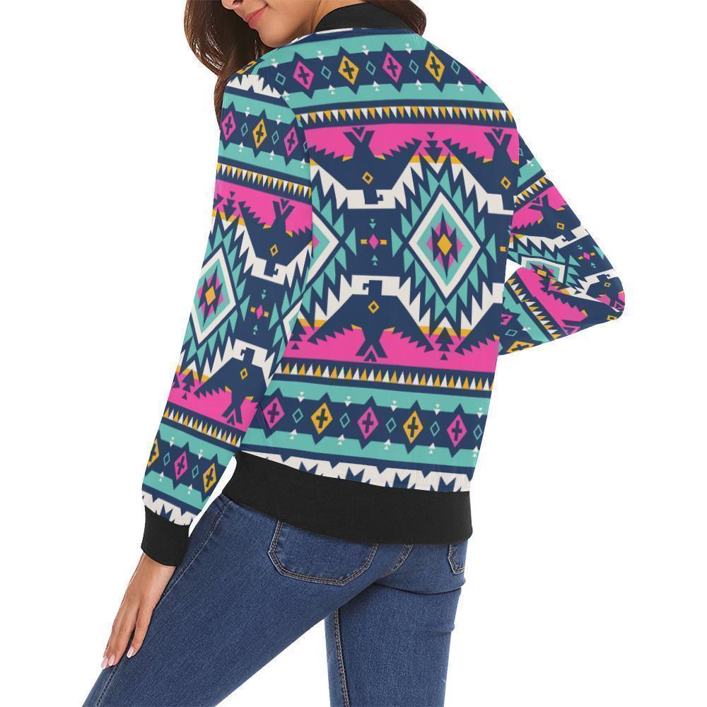 Native American Tribal Navajo Indians Aztec Print Women Casual Bomber Jacket-grizzshop