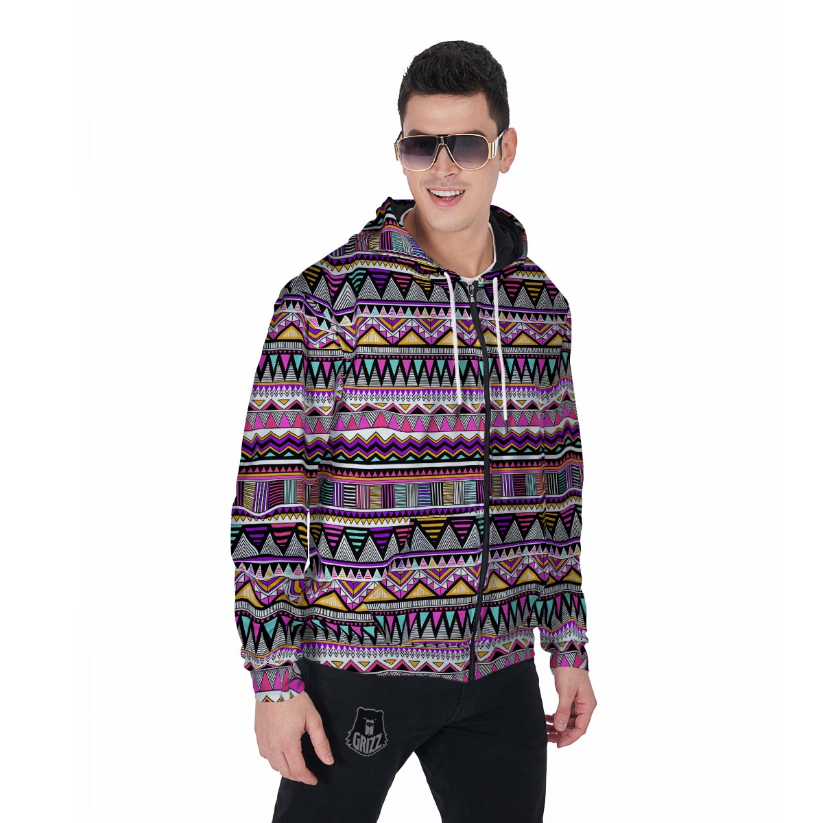 Native Aztec Men's Zip Up Hoodie-grizzshop