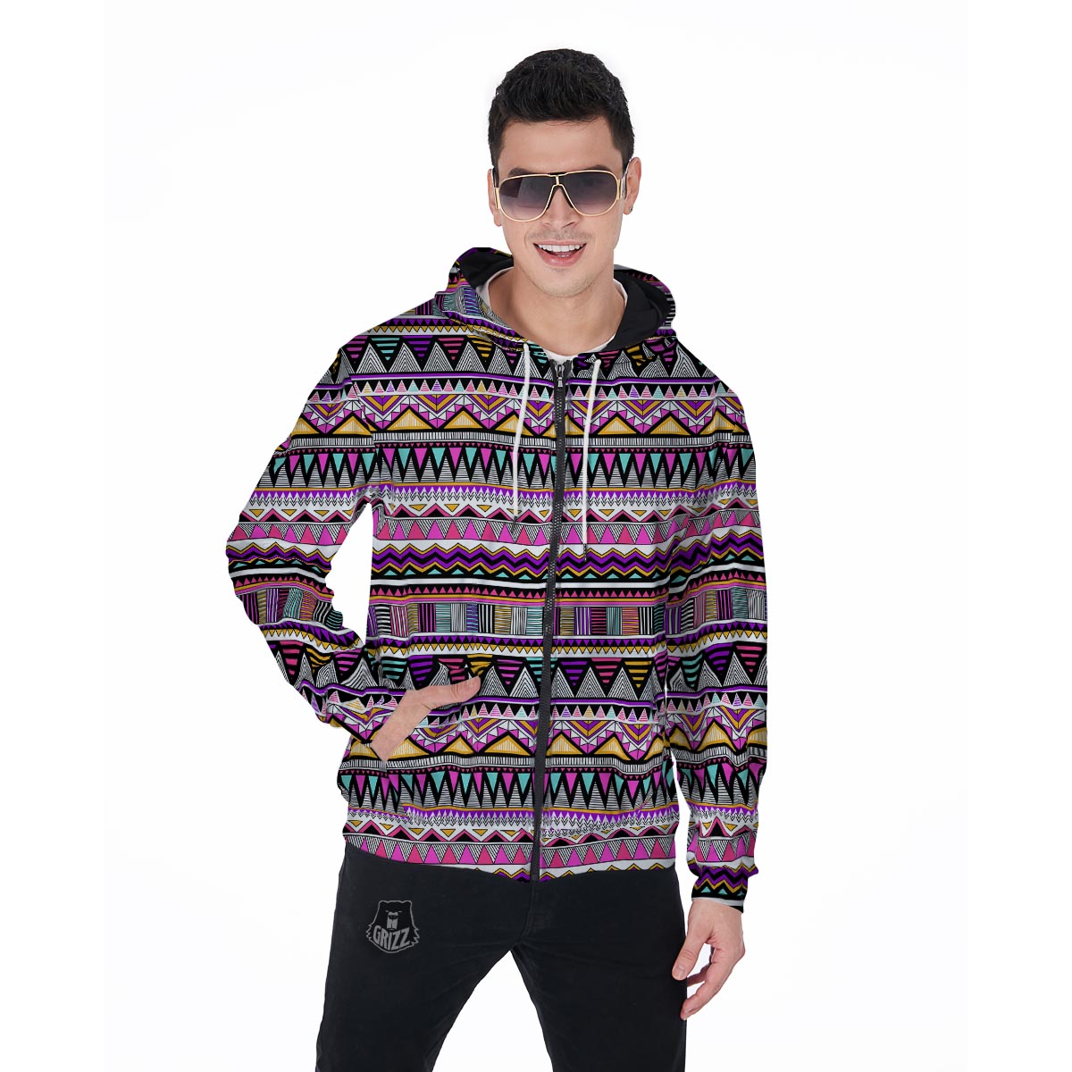 Native Aztec Men's Zip Up Hoodie-grizzshop