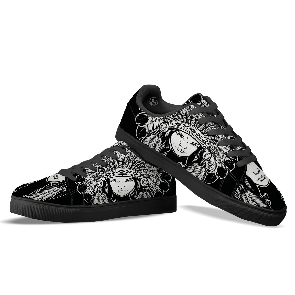 Native Indian Girl Tribal Print Black Low Top Sneakers-grizzshop