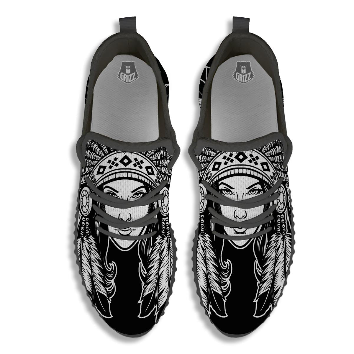 Native Indian Girl Tribal Print Black Walking Shoes-grizzshop