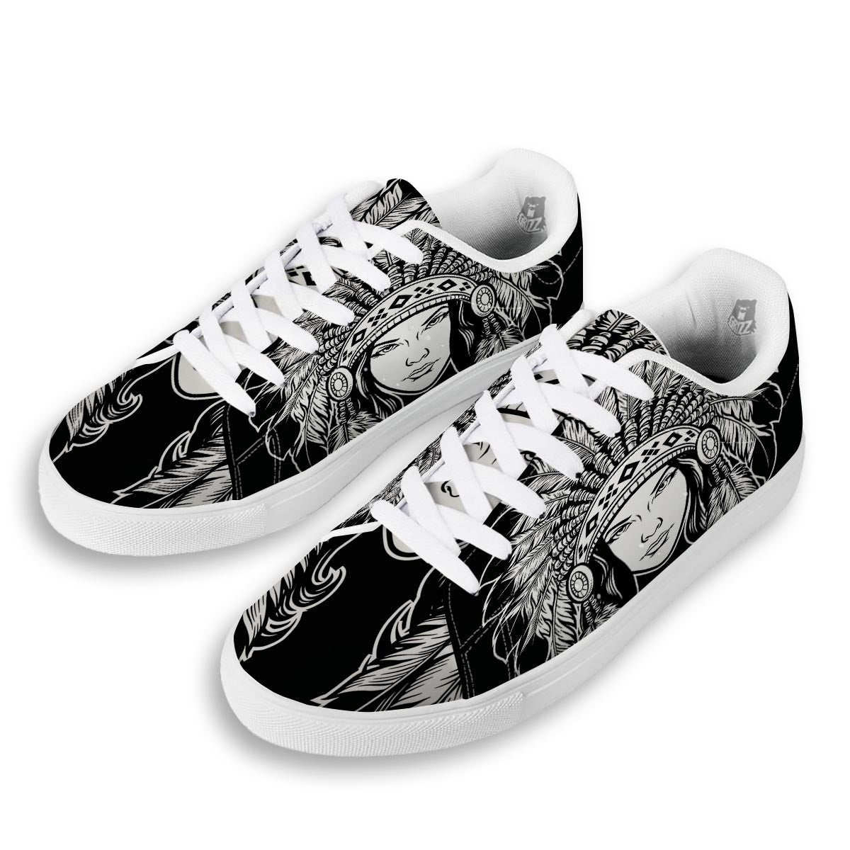 Native Indian Girl Tribal Print White Low Top Sneakers-grizzshop