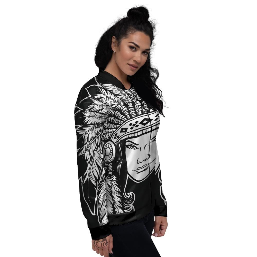 Native Indian Girl Tribal Print Women's Bomber Jacket-grizzshop