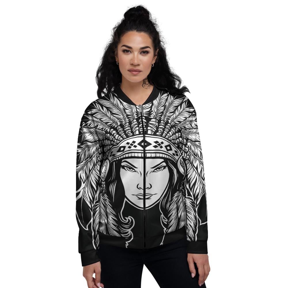 Native Indian Girl Tribal Print Women's Bomber Jacket-grizzshop