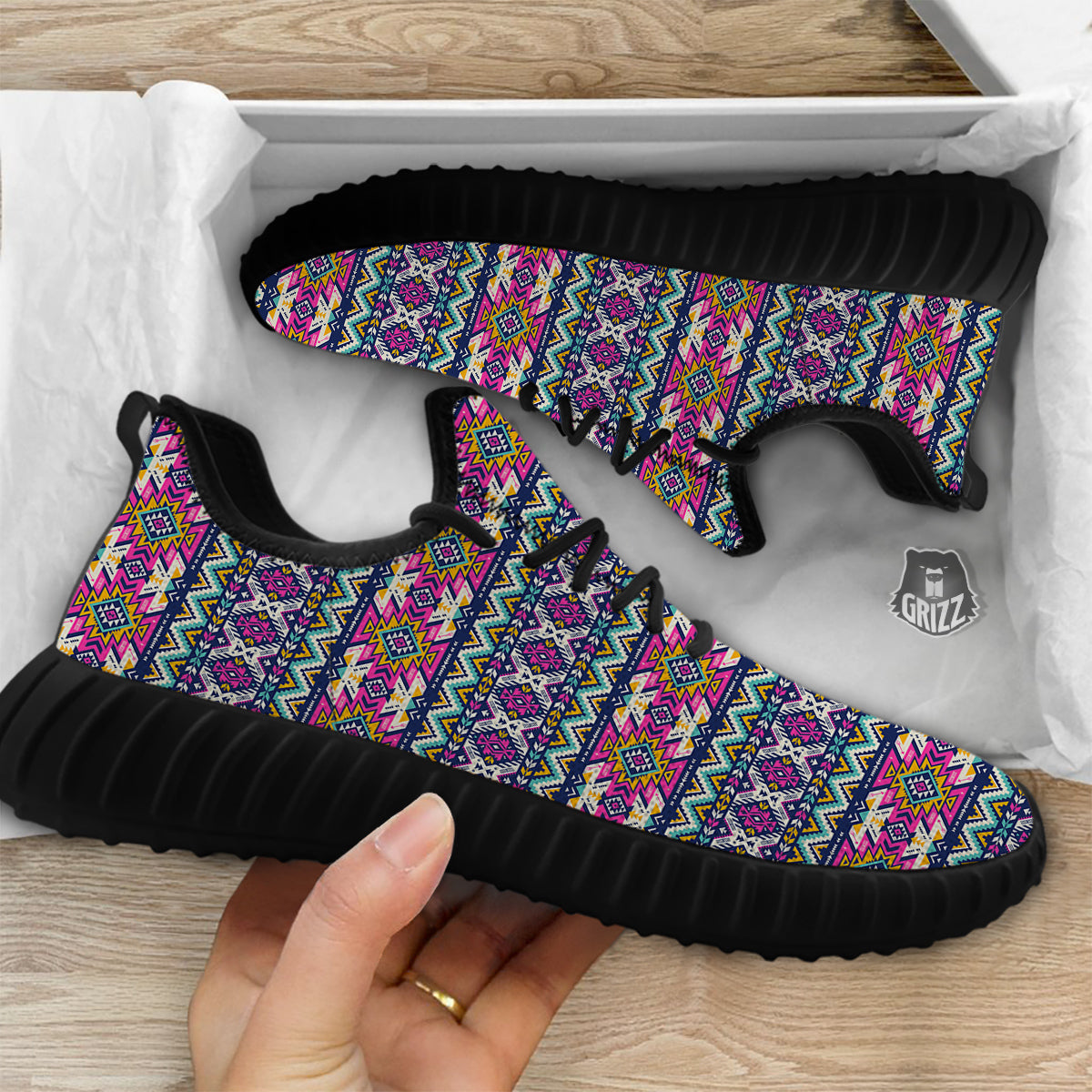 Native Navajo Colorful Geometric Print Black Walking Shoes-grizzshop