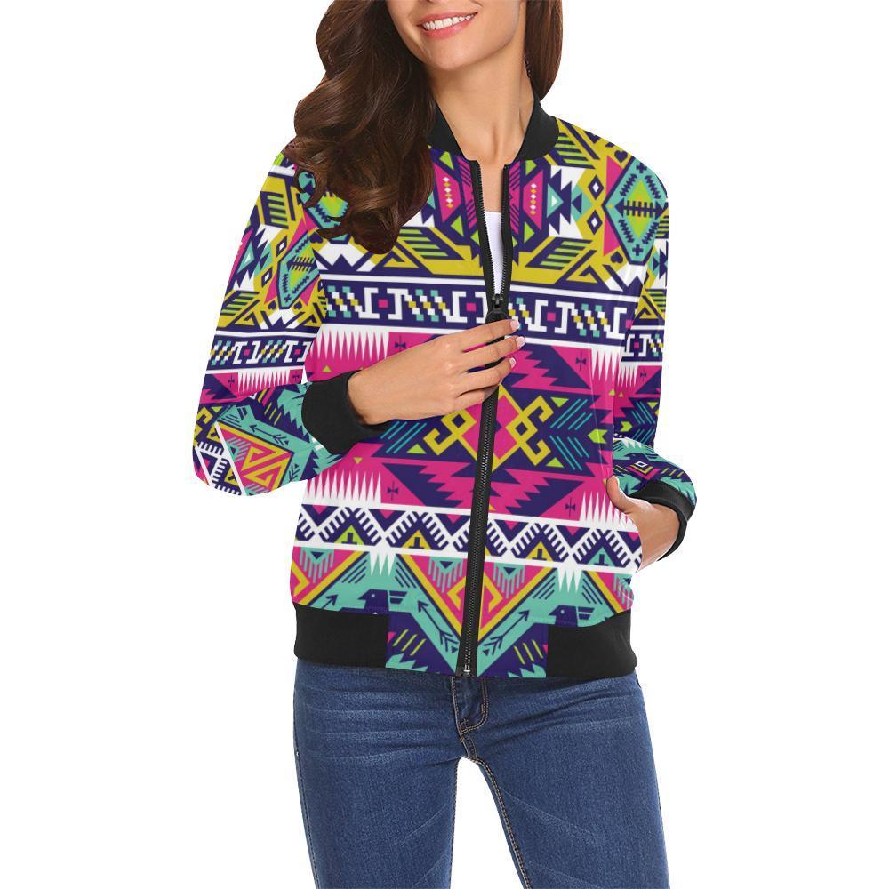 Native American Indians Aztec Tribal Navajo Print Women Casual Bomber Jacket-grizzshop