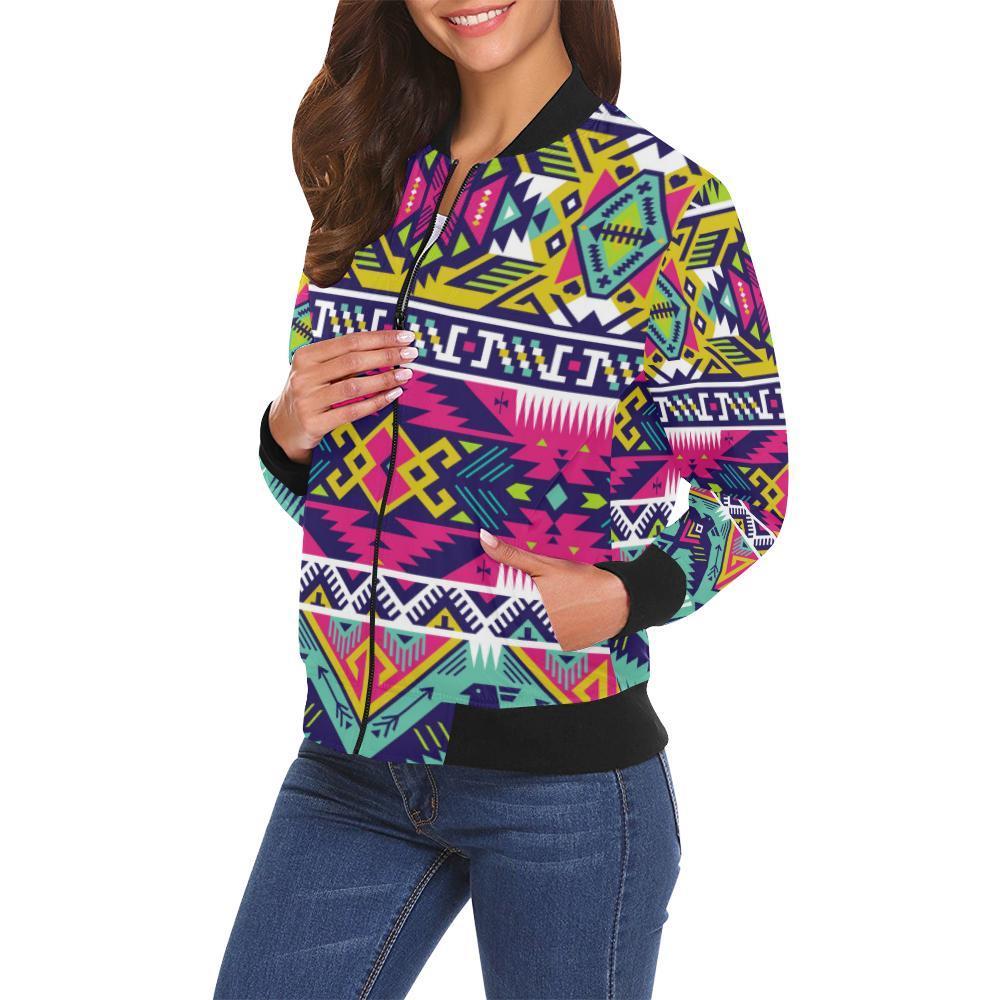 Native American Indians Aztec Tribal Navajo Print Women Casual Bomber Jacket-grizzshop