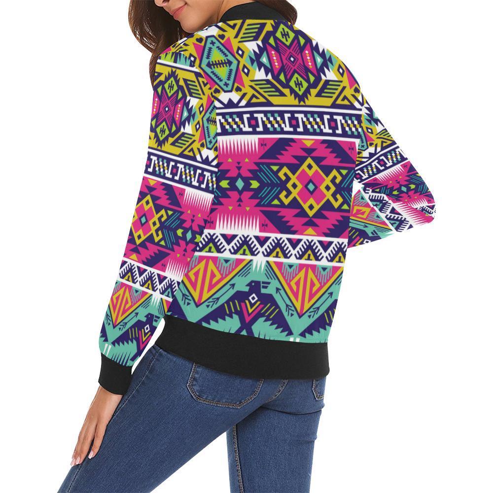 Native American Indians Aztec Tribal Navajo Print Women Casual Bomber Jacket-grizzshop