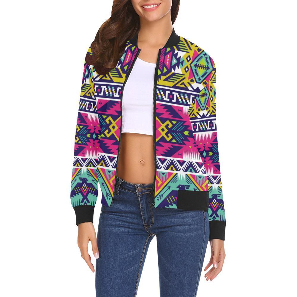 Native American Indians Aztec Tribal Navajo Print Women Casual Bomber Jacket-grizzshop