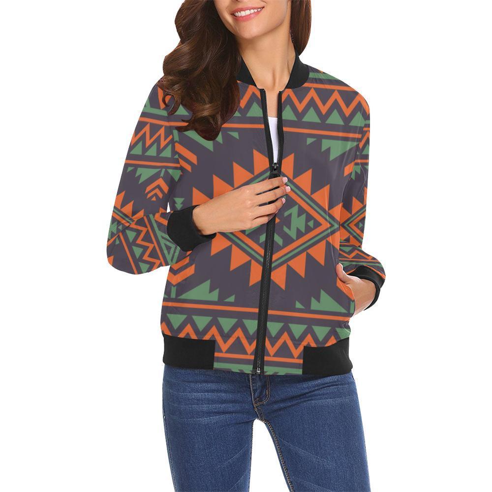 Native American Tribal Navajo Indians Aztec Print Women Casual Bomber Jacket-grizzshop
