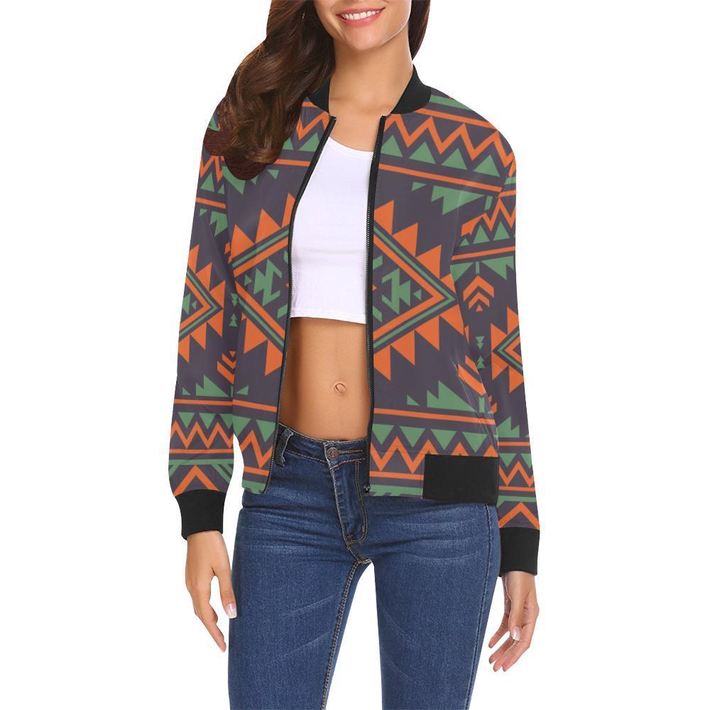 Native American Tribal Navajo Indians Aztec Print Women Casual Bomber Jacket-grizzshop