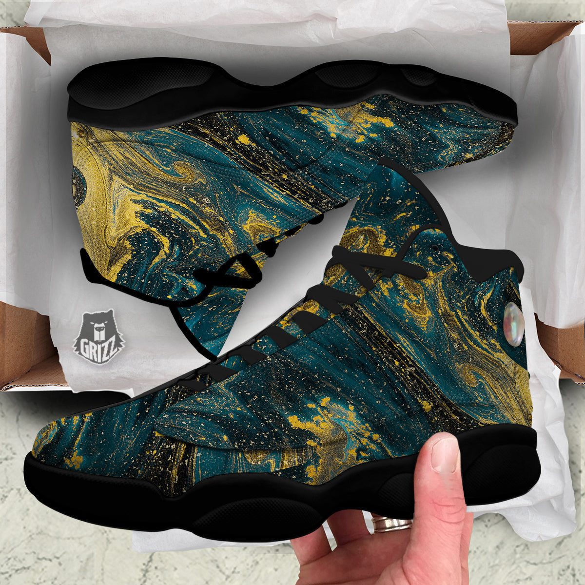 Natural Luxury Blue And Gold Marble Print Black Basketball Shoes-grizzshop