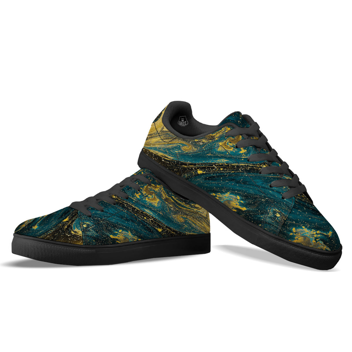 Natural Luxury Blue And Gold Marble Print Black Low Top Sneakers-grizzshop