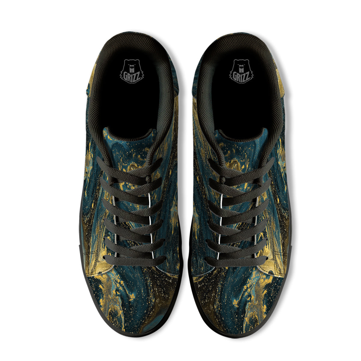 Natural Luxury Blue And Gold Marble Print Black Low Top Sneakers-grizzshop