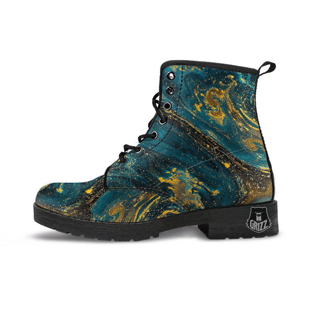 Natural Luxury Blue And Gold Marble Print Leather Boots-grizzshop