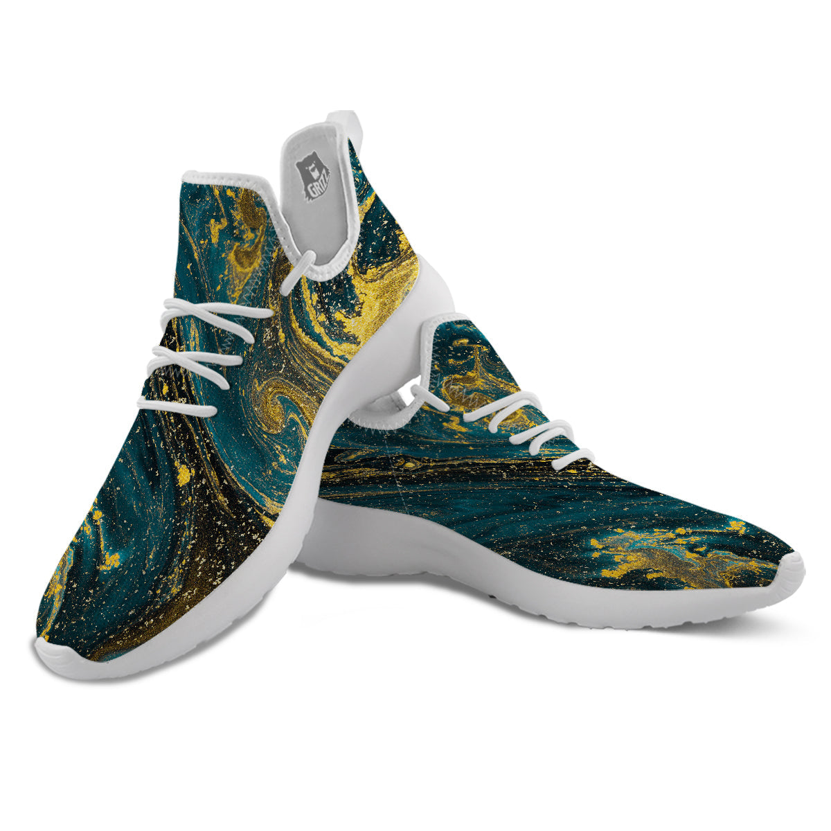 Natural Luxury Blue And Gold Marble Print White Athletic Shoes-grizzshop