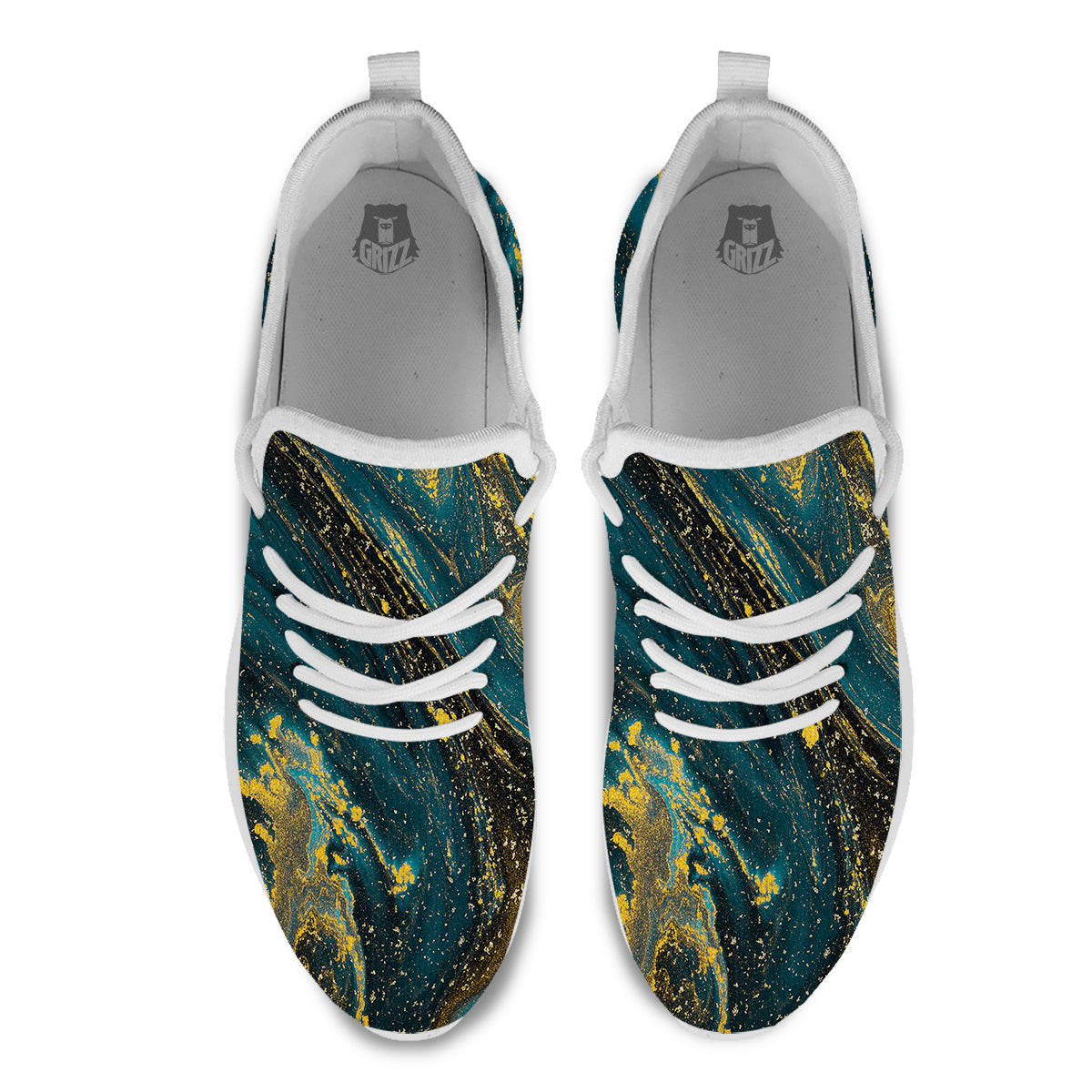 Natural Luxury Blue And Gold Marble Print White Athletic Shoes-grizzshop
