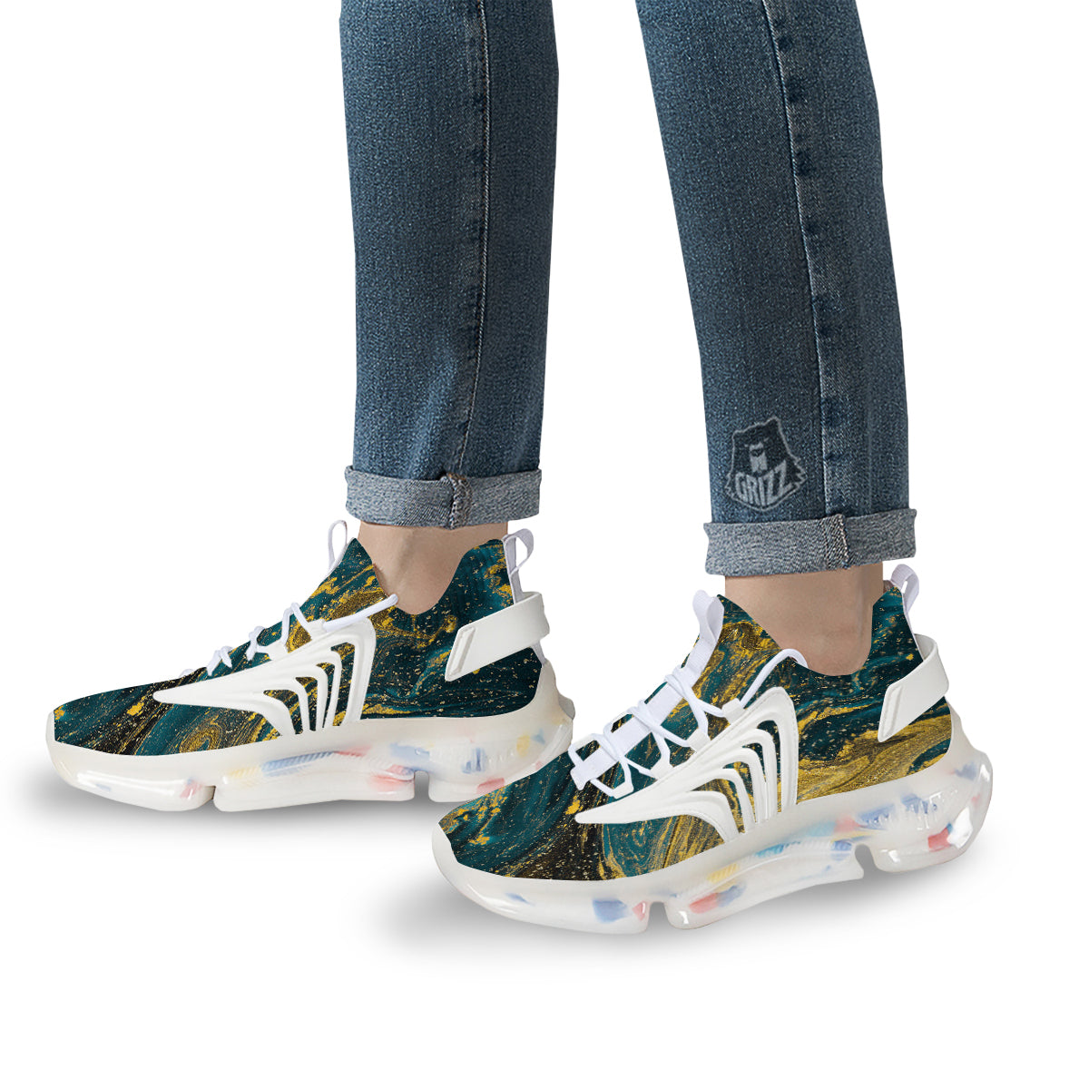 Natural Luxury Blue And Gold Marble Print White Gym Shoes-grizzshop