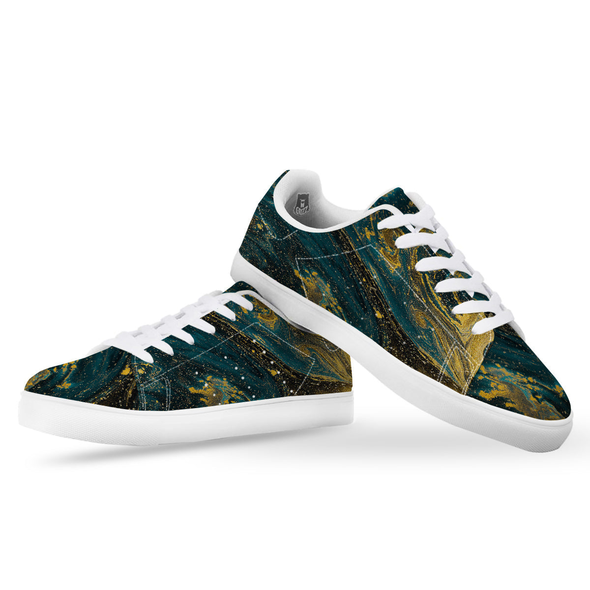 Natural Luxury Blue And Gold Marble Print White Low Top Sneakers-grizzshop