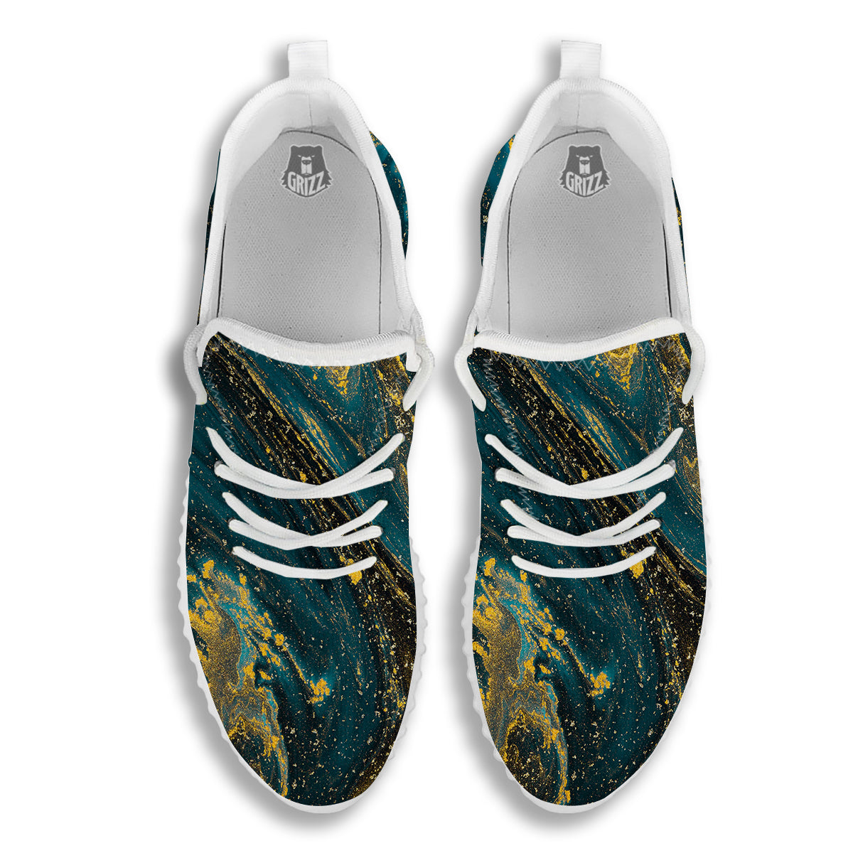 Natural Luxury Blue And Gold Marble Print White Walking Shoes-grizzshop