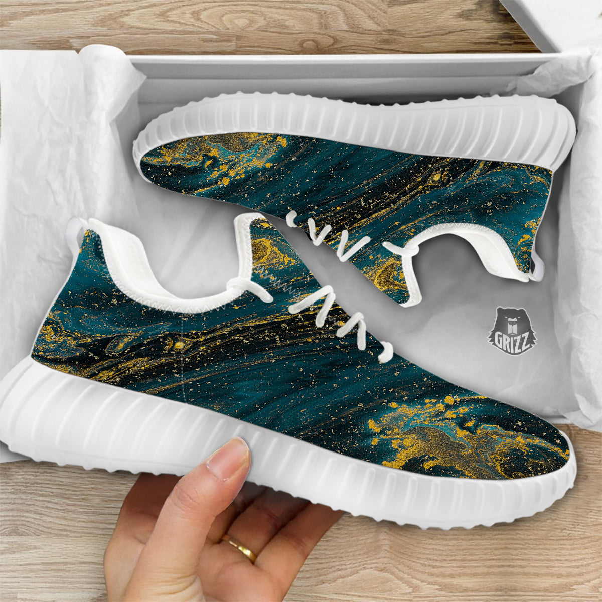 Natural Luxury Blue And Gold Marble Print White Walking Shoes-grizzshop
