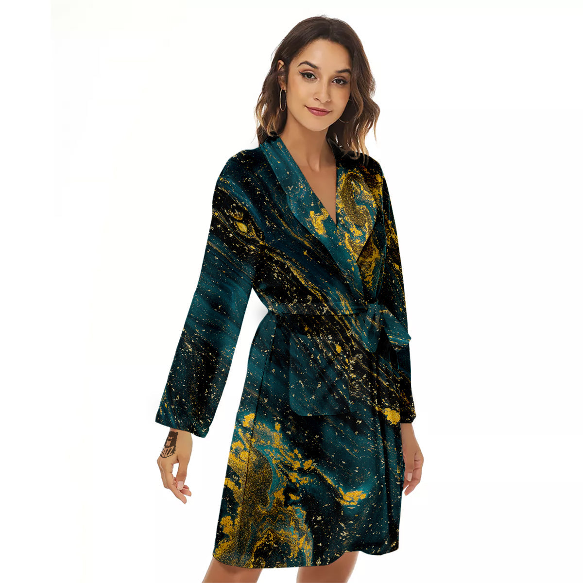 Natural Luxury Blue And Gold Marble Print Women's Robe-grizzshop