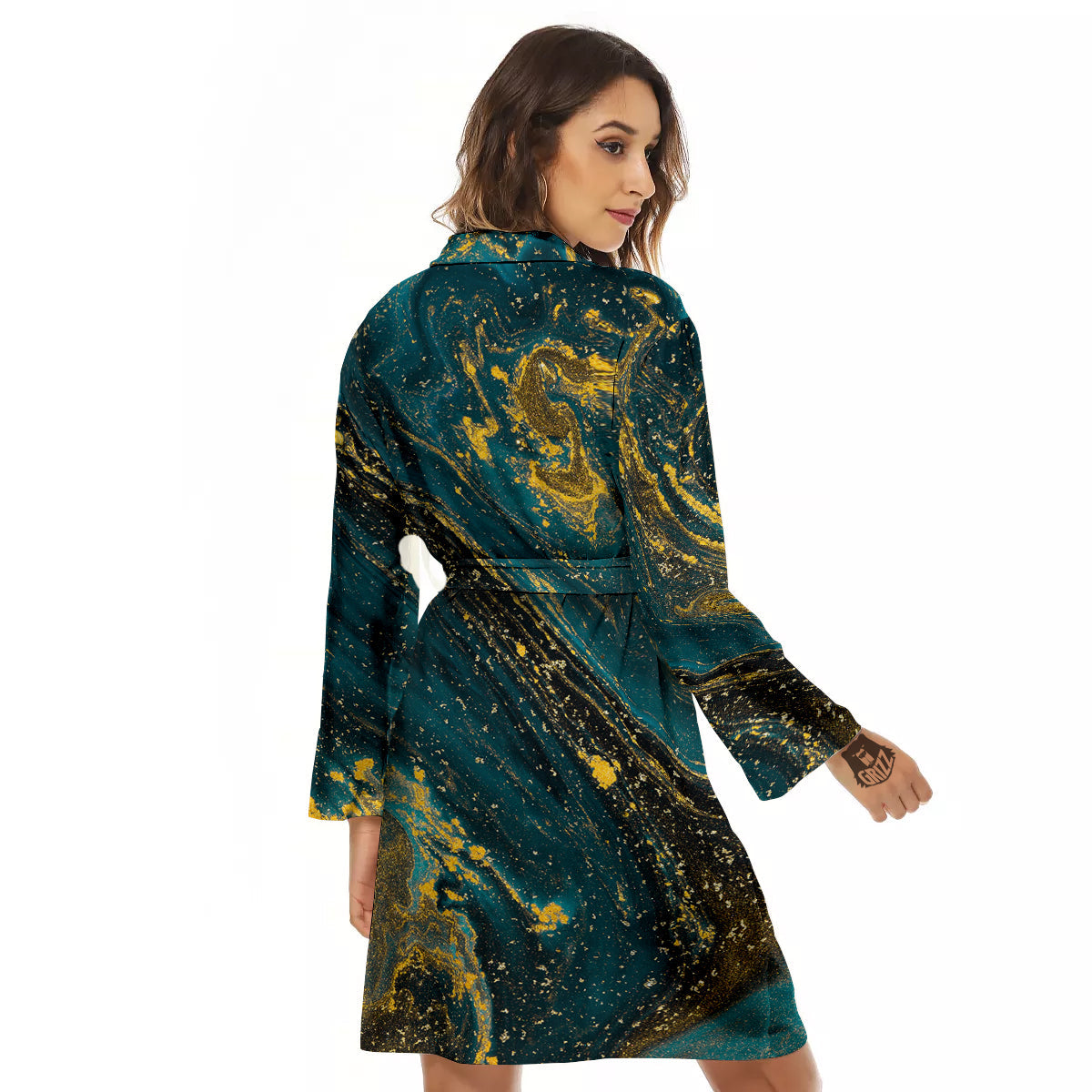 Natural Luxury Blue And Gold Marble Print Women's Robe-grizzshop