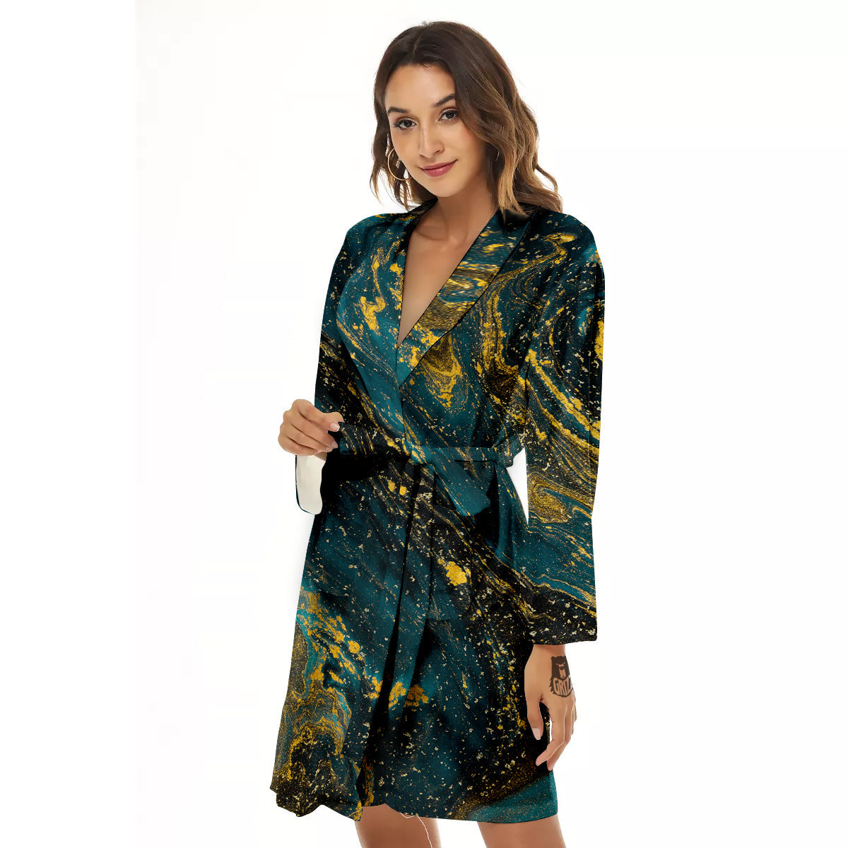 Natural Luxury Blue And Gold Marble Print Women's Robe-grizzshop
