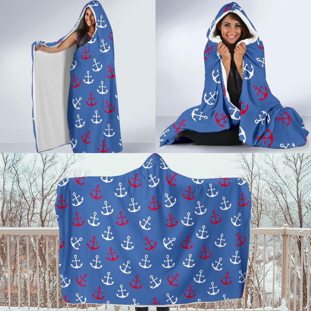 Nautical Anchor Pattern Print Hooded Blanket-grizzshop