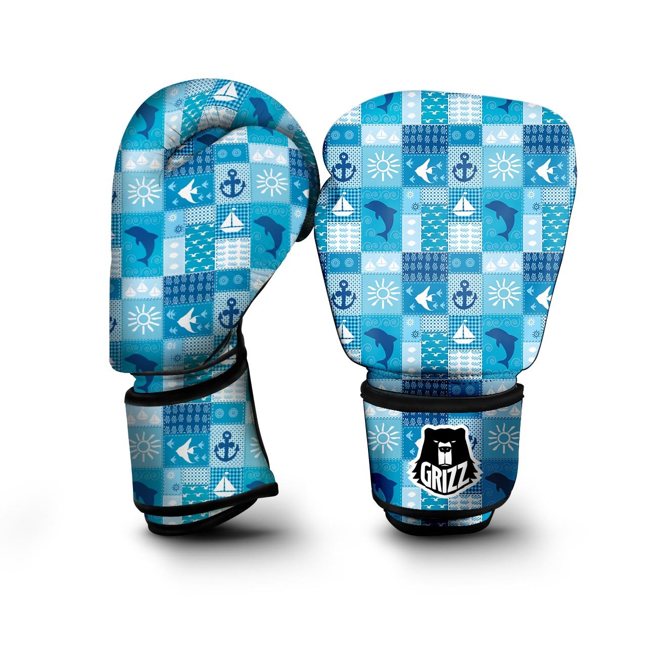 Nautical Sea Animal Patchwork Retro Print Pattern Boxing Gloves-grizzshop
