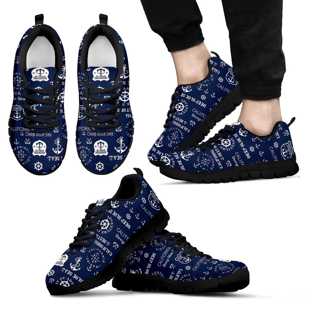 Nautical Anchor Print Pattern Black Sneaker Shoes For Men Women-grizzshop