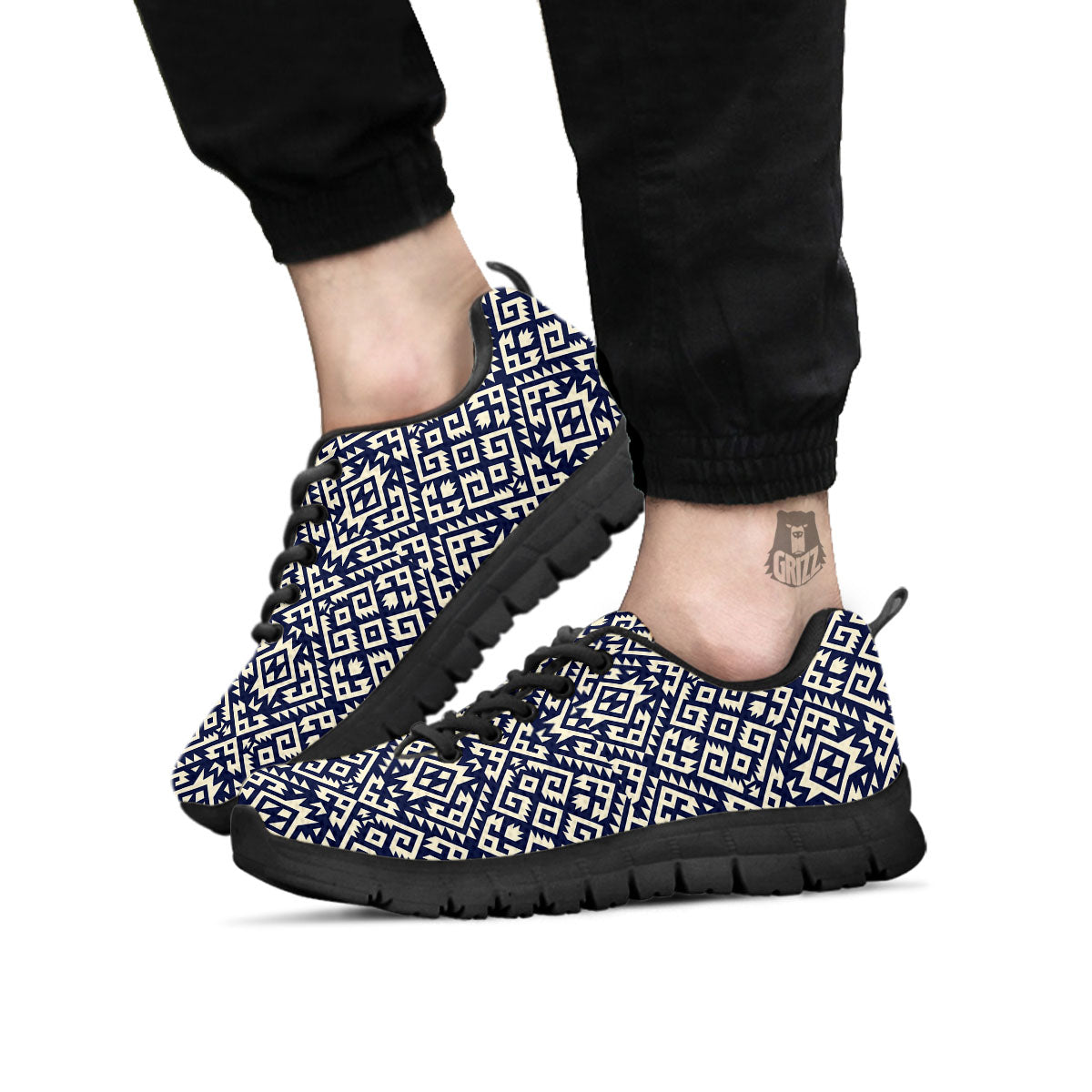 Navajo Native Indian Print Pattern Black Sneaker-grizzshop