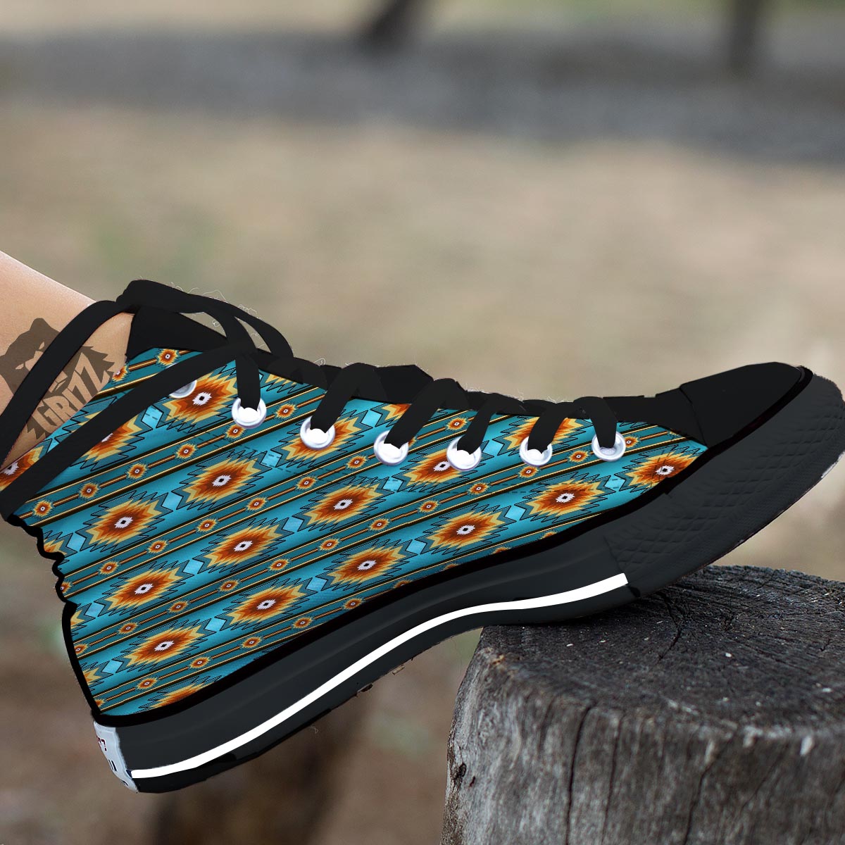 Navajo Teal Southwestern Print Pattern Black High Top Shoes-grizzshop