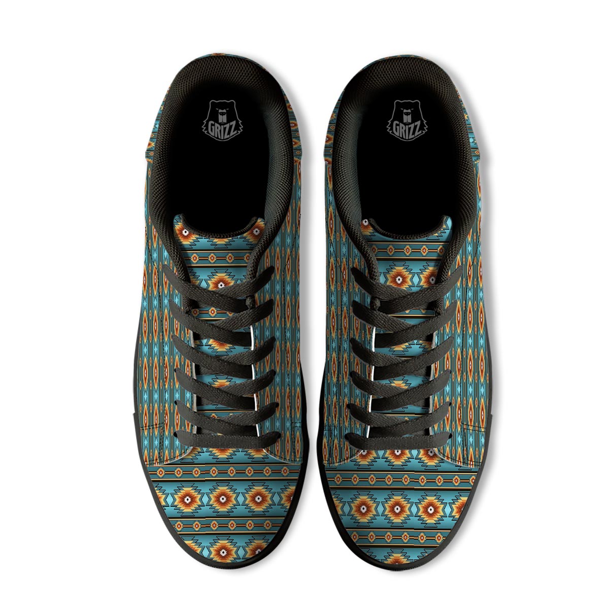 Navajo Teal Southwestern Print Pattern Black Low Top Sneakers-grizzshop