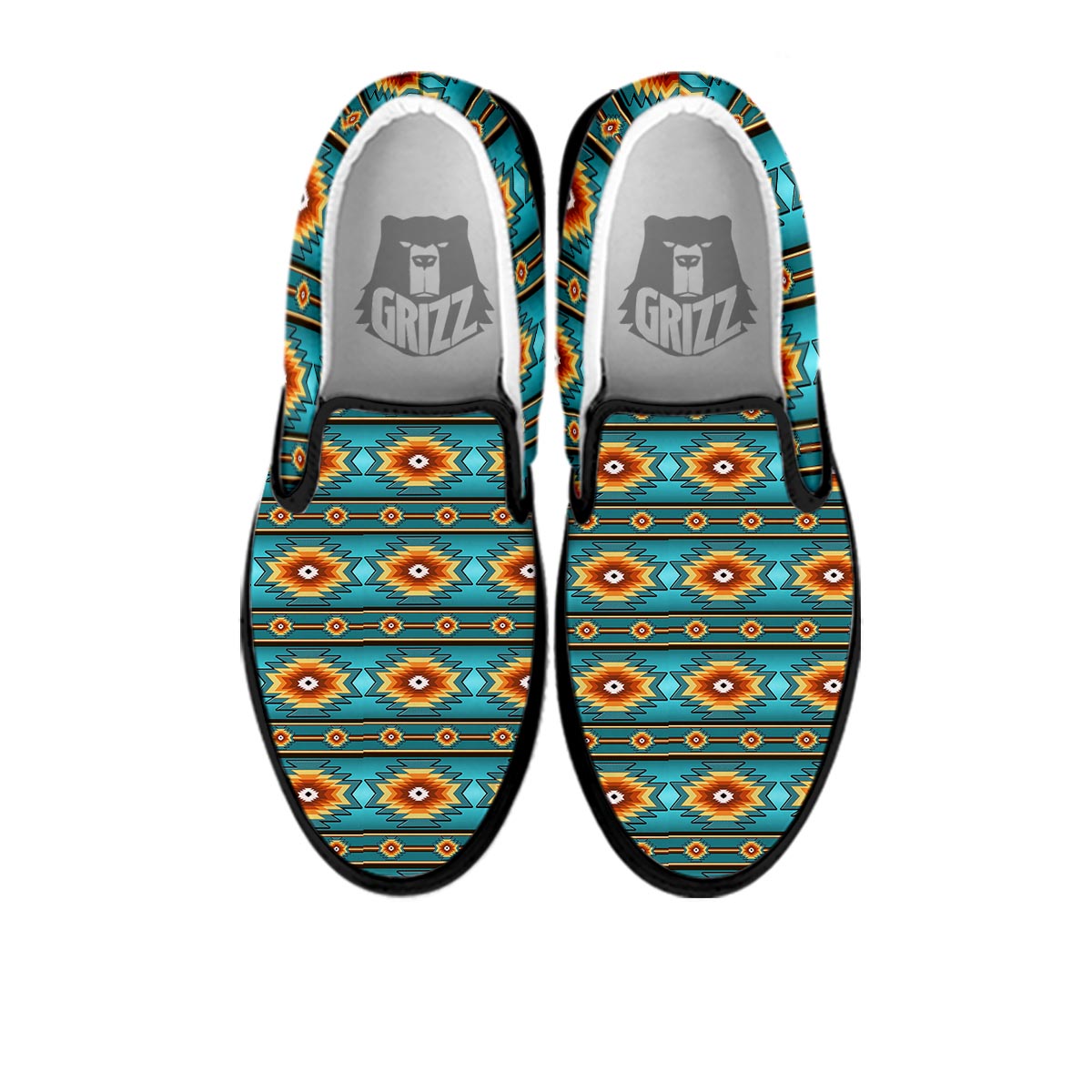 Navajo Teal Southwestern Print Pattern Black Slip On Shoes-grizzshop