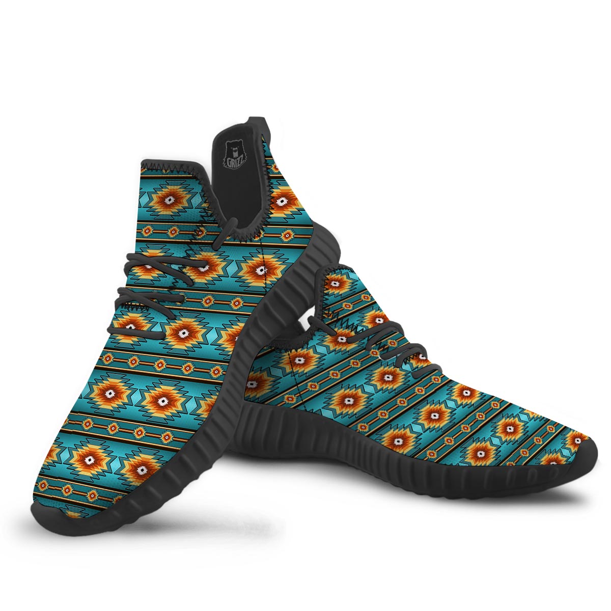 Navajo Teal Southwestern Print Pattern Black Walking Shoes-grizzshop