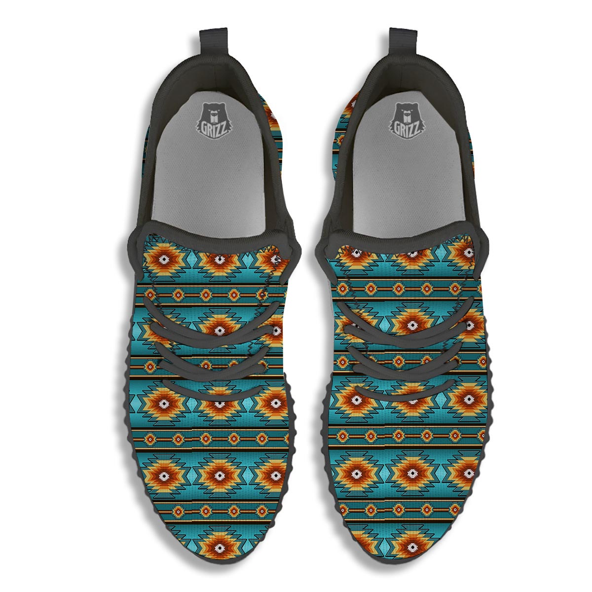 Navajo Teal Southwestern Print Pattern Black Walking Shoes-grizzshop