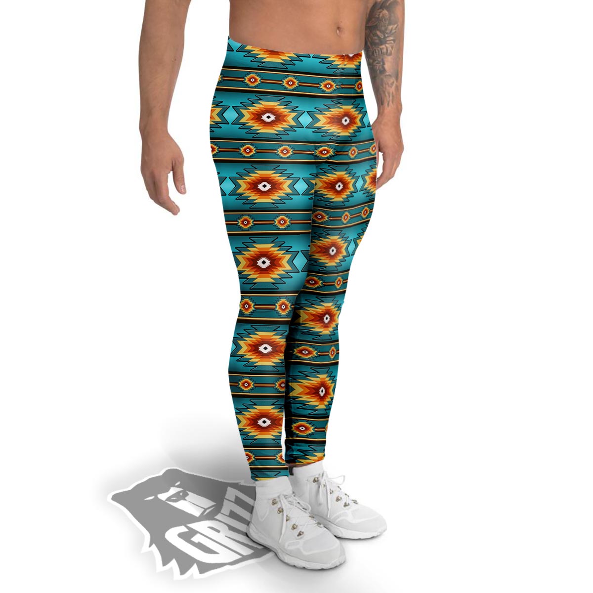 Navajo Teal Southwestern Print Pattern Men's Leggings-grizzshop