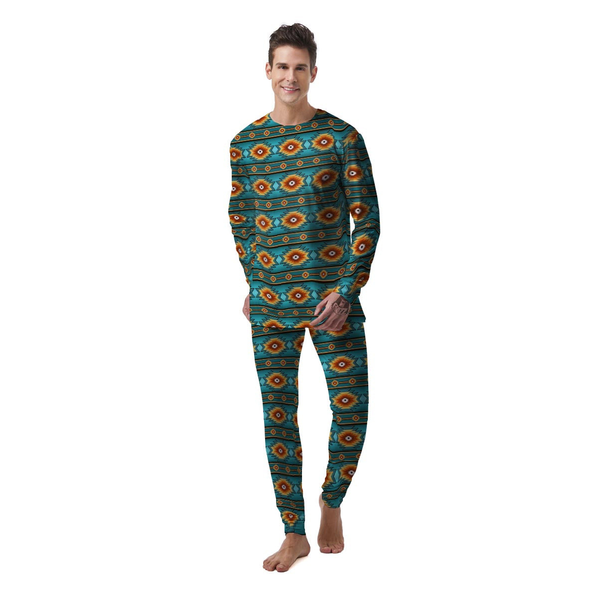 Navajo Teal Southwestern Print Pattern Men's Pajamas-grizzshop