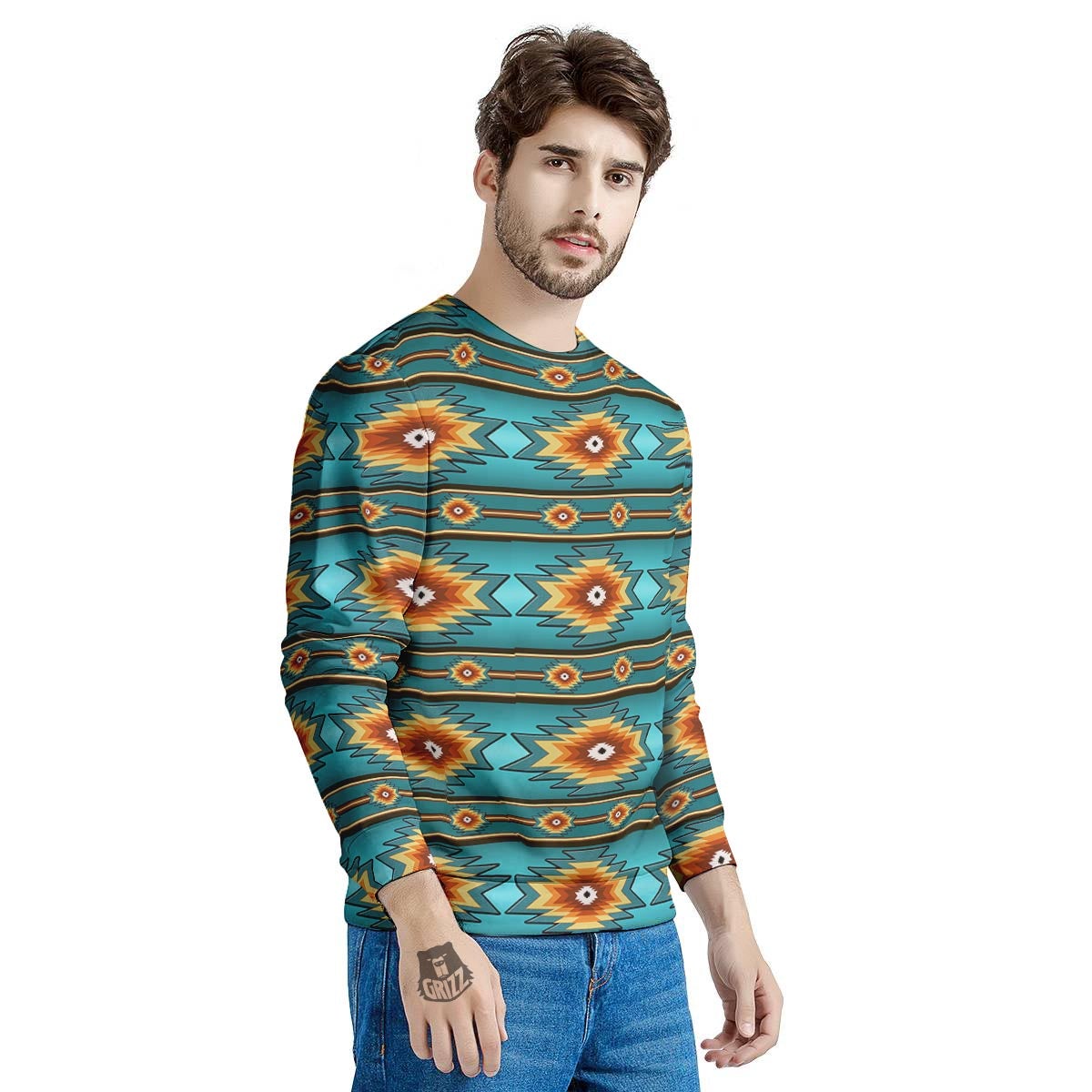 Navajo Teal Southwestern Print Pattern Men's Sweatshirt-grizzshop